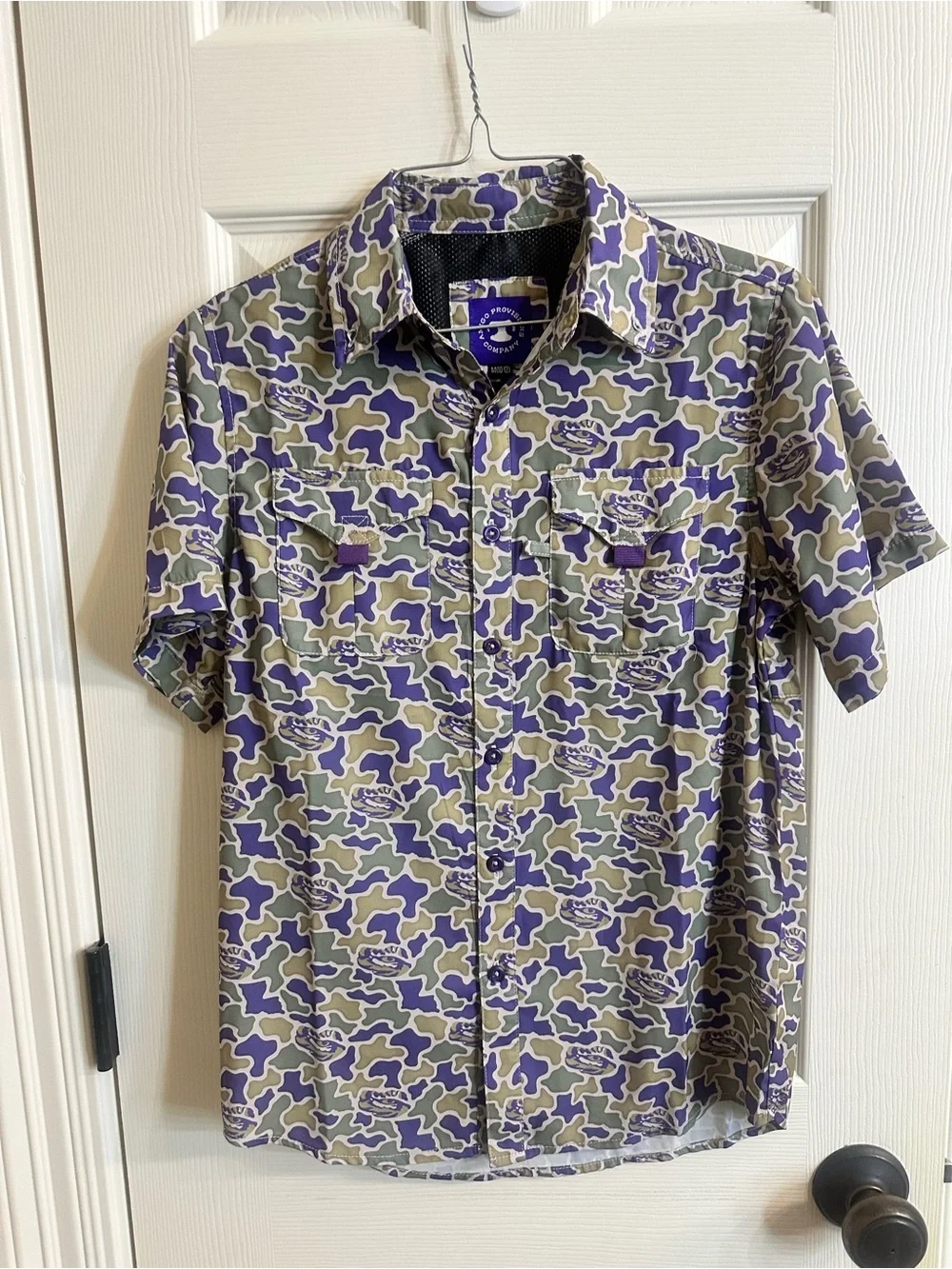 Boys LSU button up fishing shirt. LSU camo pattern